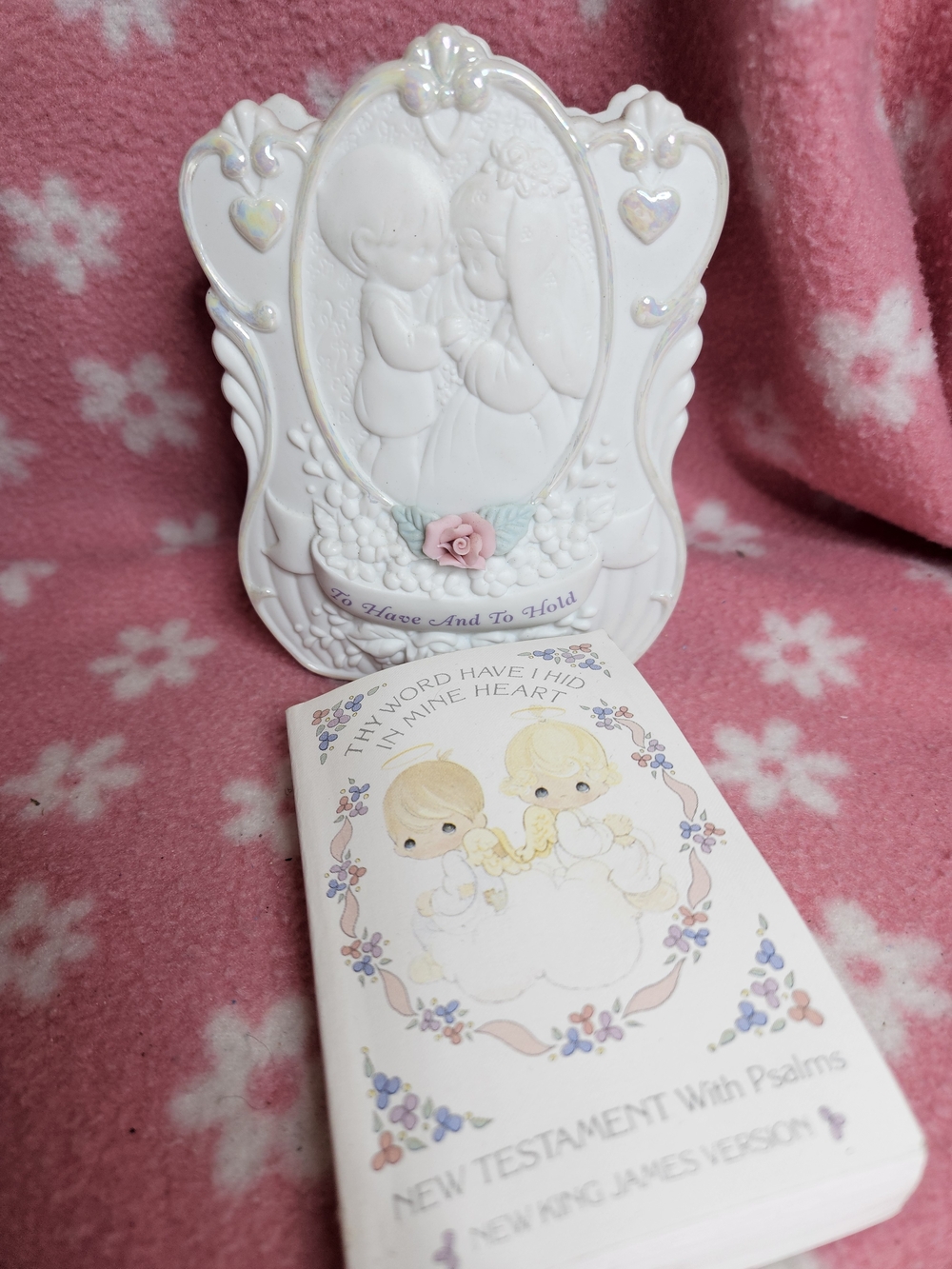 Precious Moments White Ceramic Bath Keepsake with Pink Rose Accent